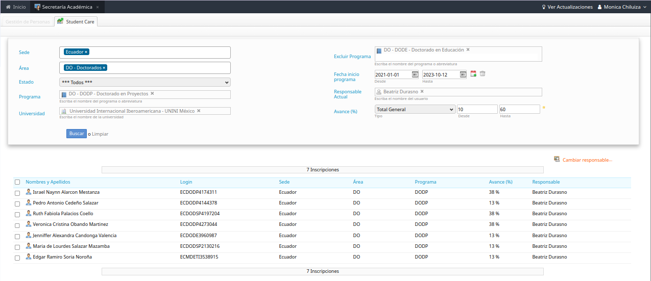 Listado de la búsqueda de responsables