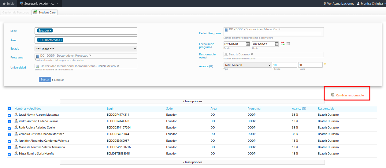 Botón Cambiar responsable