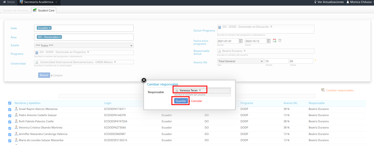 Cuadro de diálogo Cambiar responsable