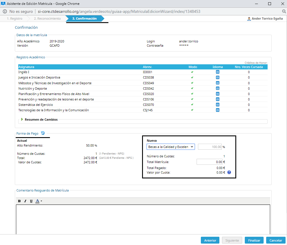 Asistente de matrícula – Edición