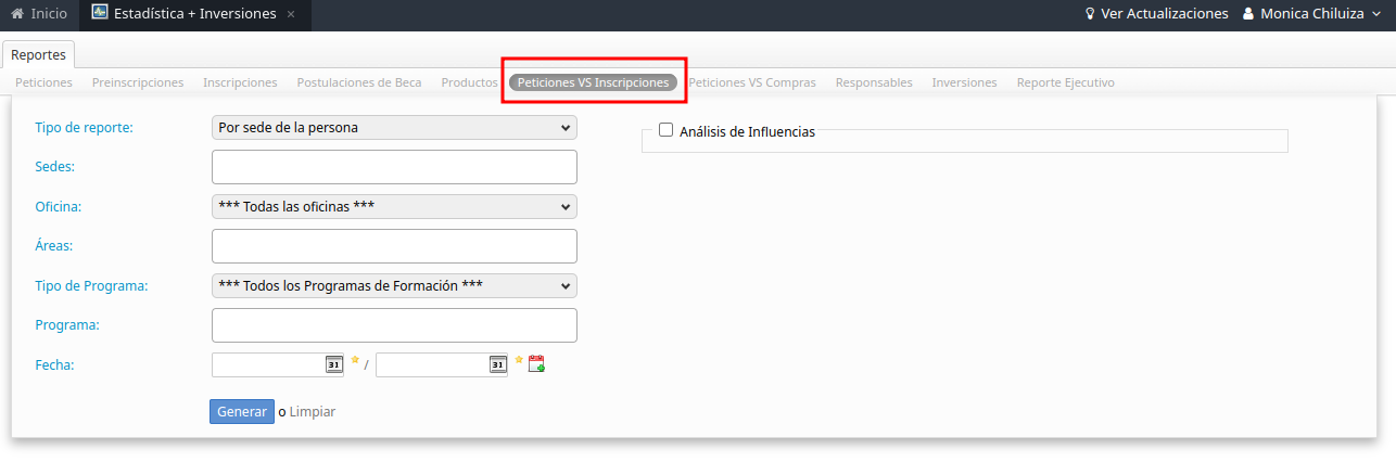 Pestaña Peticiones VS Inscripciones